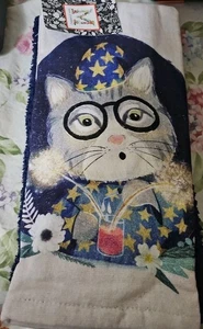 Mia Charro Set Of Towels Blue Gray Tabby Cat In Wizard Cap & Glasses - Picture 1 of 3