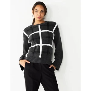 New Nine West Womans XXL Plus Long Sleeve Sweater Grey Plaid Pullover Pink NWT - Picture 1 of 8