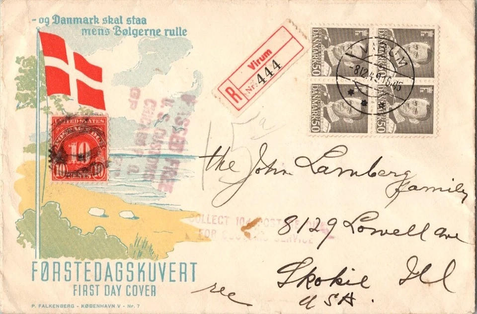 1945 Registered Denmark FDC Passed Free U.S. Customs Postage Due 10c for Customs - Image 1 of 2