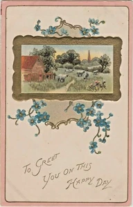 Bauernhof Schaf Szene "Zum Gruß an diesem glücklichen Tag", Anfang 1900 geprägte Postkarte - Bild 1 von 2
