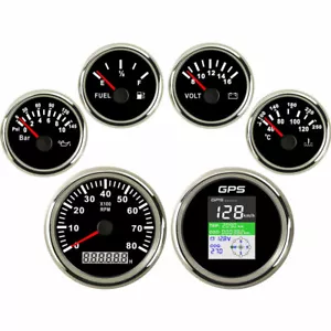 6 Gauge Set GPS MPH KM/H Knot Speedomter Tacho Fuel Volt Oil Pressure Temp Black - Bild 1 von 7
