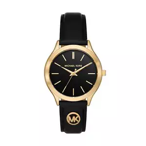Michael Kors Slim Runway Three-Hand Black Leather Watch MK7482 - Picture 1 of 4
