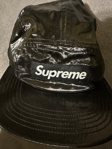 Cappello da campeggio Supreme in lino rivestito nero SS18 cappello scatola lucida logo made in USA autentico