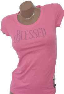 New T shirt with Blessed Pink with Blue rhinestones size Jr XS 1 - Picture 1 of 1