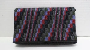 Vintage LaRegale Beaded Clutch Purse with black/purple/red seed beads - Picture 1 of 6
