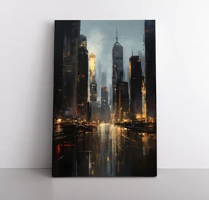 Impresión de pintura al óleo Dark Academia Gotham City sobre lienzo enmarcado arte de pared paisaje urbano - Imagen 1 de 8
