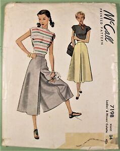 Vintage 1940s McCall's Culotte Skirt Pattern #7198 Size waist 34 - Complete!