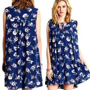 Umgee Dress Size S Blue Floral Tie Cottage Whimsigoth Mumu Relaxed Tunic Womens - Picture 1 of 4
