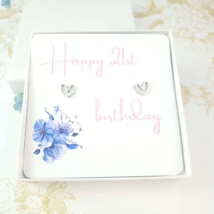Pequeños aretes de plata con corazón feliz 21 cumpleaños tarjeta mensaje joyería niña - Imagen 1 de 3