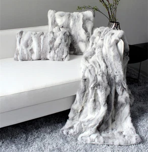 Real Rabbit Fur Throw Warm Blanket And Rabbit Fur Pillow Case Cushion Cover Grey - Picture 1 of 24
