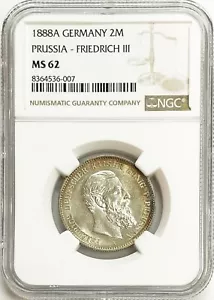 1888 A SILVER PRUSSIA GERMAN STATE 2 MARK FRIEDRICH III COIN NGC MINT STATE 62 - Picture 1 of 2