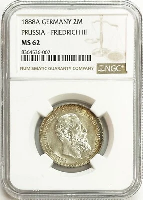 1888 A SILVER PRUSSIA GERMAN STATE 2 MARK FRIEDRICH III COIN NGC MINT STATE 62 - Image 1 of 2