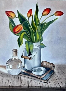 Original A3 Aquarell Gemälde Tulpen Glas Metall Klassiker Stillleben - Bild 1 von 8