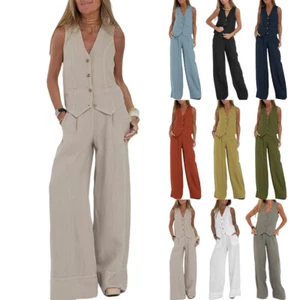 2Pcs Womens Tank Tops Wide Legs Trousers Linen Cotton Set Suit Outfits SIZE 6-18 - Picture 1 of 31