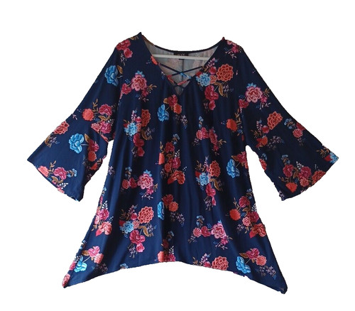 Top donna Alyx taglia 2X tunica blu floreale pull over maniche lunghe svasate