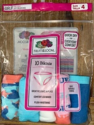 Paquete de 5 bikinis de algodón Fruit of the Loom para niñas azul/naranja/rosa/blanco talla 4 Foto 1 de 2