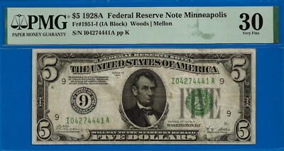 1928A $5 Federal Reserve Note PMG 30 Minneapolis Fr 1951-I - Image 1 of 2