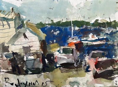 Loose Acrylic Coastal Landscape – Fish Shack & Lobster Boats – 11x15" Seaside - Image 1 of 2