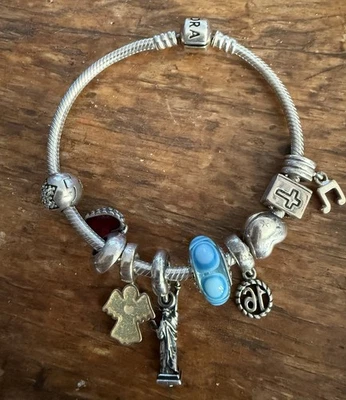 "Brazalete Pandora 925 Ale 7 dijes 2 clips plata esterlina corazón 16 Murano 7""" Foto 1 de 4