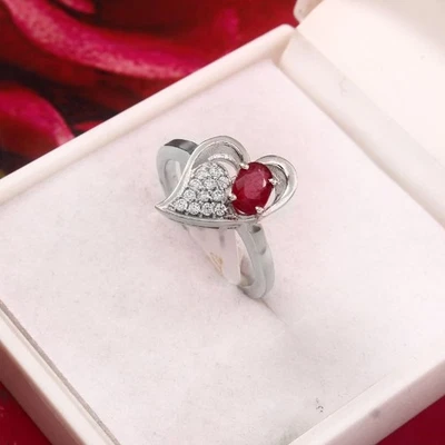 Love Heart Ruby Silver Ring 925 Sterling Silver Jewelry Crimson Heart Ring - Image 1 of 4