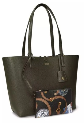 Lauren Ralph Lauren Reversible Tote Bag Faux Leather Olive/Voyage w/Pouch - Image 1 of 3