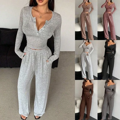 2Pcs Ladies Tracksuit Button V Neck Shirts Tops Pants Co ords Set Lounge Wear UK - Image 1 of 4