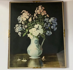 VINTAGE K H MILLER STILL LIFE FLOWERS PAINTING FRAMED PRINT 1940S PHLOX OLD VASE - Picture 1 of 24