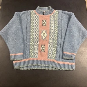 Vintage 62 East Knit Sweater Womens Size Large Blue Pink Comfy Warm - Picture 1 of 4