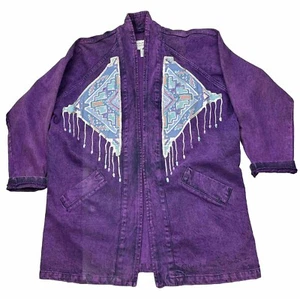 Vtg Jacqueline's De Santa Fe Signed Artsy Denim Jacket Cardigan Women M Aztec - Picture 1 of 21