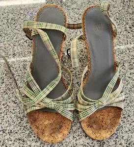 Gap Vintage Green Blue Plaid Knot Front Sandals Wedges Heels Size 8 - Picture 1 of 9