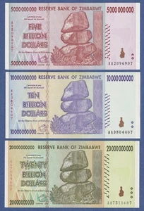 ZIMBABWE BILLION SERIES - 5, 10, 20 BILLION NOTE SET (2008)- AA PREFIX aUNC/UNC - Picture 1 of 2