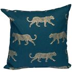Gold Jungle Leopards Cushion. 17x17" Square Cover. Teal Blue Background.