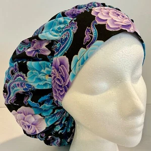 Blue and Purple Floral Print Size Large Medical Bouffant Scrub Cap Surgery Hat - Picture 1 of 5