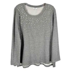 Crown Ivy XL Top Gray Pearls Jersey Knit Long Sleeve Sweater Scoop Neck 326 - Picture 1 of 8