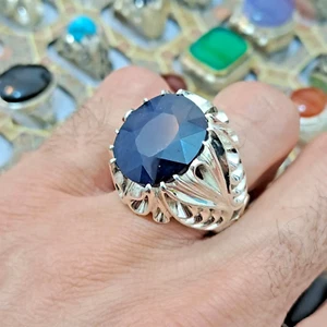 Xmas Big Sapphire Ring Original Blue Sapphire Ring Sterling Silver 925 Stamp - Picture 1 of 5