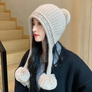 Mujeres Gorro Tejido Bobble Sombrero con Oreja Solapa Pom Gorra de Esquí Invierno Cálido - Imagen 1 de 10