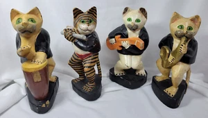 VTG Folk Art 10" Hand Painted & Carved Wood 4-Piece Cat Band-Damage See Pics!!! - Picture 1 of 24