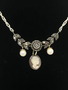 Sterling Silver Cameo MOP & Diamond Pearl Twist Rope Chain Necklace 15" - Picture 1 of 3