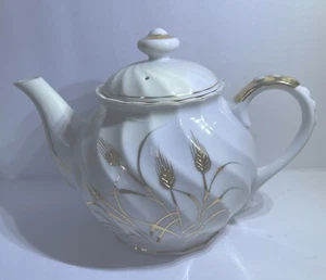 Lefton China Gold Wheat Design Teapot & Lid Vintage MCM One Chip Under Lid - Picture 1 of 12
