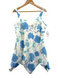 Camiseta sin mangas vintage Y2K talla XL azul blanco floral babydoll Fairycore asimétrica nueva con etiquetas - Imagen 1 de 9
