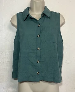 NWT Monteau Medium Sleeveless Button up Shirt Teal Green Collared Tank Top - Picture 1 of 6