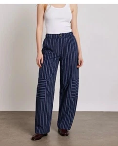 Damson Madder Wide Leg Trousers Sz 12UK 8US L Navy Stripped Cargo Elastic Waist - Picture 1 of 13