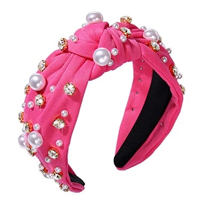 Pearl Knotted Headband for Women White Pearl Rhinestone hot pink knot hairband - Image 1 of 4