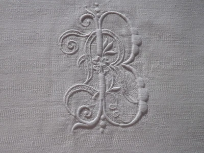 grande nappe, 4.30 m X 1.69 m, damas de fil de lin, mono BR, ancienne - Photo 1/4