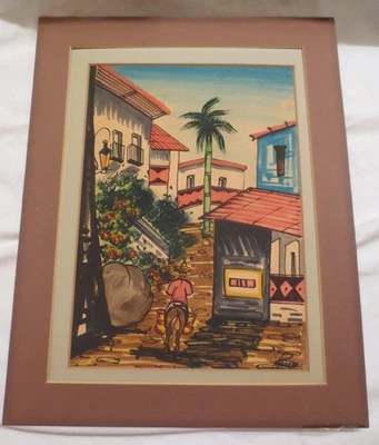 Vtg Gouache Watercolor Signed G Rosales Mexican Folk Art Village Double Matted - Image 1 of 4