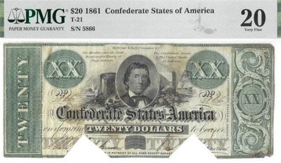 T-21 PF-3 1861 $20 Confederate Civil War Note - PMG Very Fine 20 Cut Cancelled - Image 1 of 4
