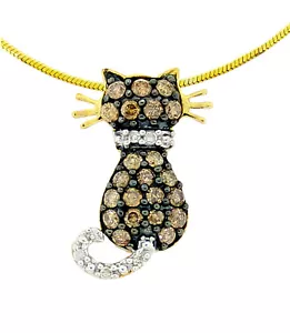 10K Yellow Gold Chocolate Brown & White Diamond Kitty Pendant Cat Lover .33ct - Picture 1 of 3