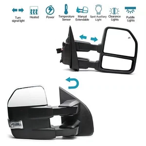 Towing Mirrors Fit 2015-2020 Ford F-150 Power Heated W/Sensor Signal Chrome Cap - Picture 1 of 9