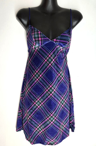 UNDERCOVER NUOVO Victoria's Secret XS abito slip in velluto blu a quadri camicia da notte