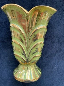 ART DECO STANGL VASE CHARTREUSE & GOLD 8" Tall 22k Fancy Flourishes Scalloped - Picture 1 of 6